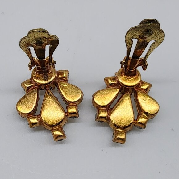 Vintage Austrian Rhinestone Clip-on Earrings on Gold Tone Metal Green and Irides - Picture 11 of 15